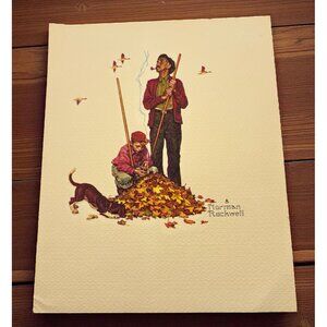 Norman Rockwell Grandpa and Me Embossed Print Vintage Raking Leaves